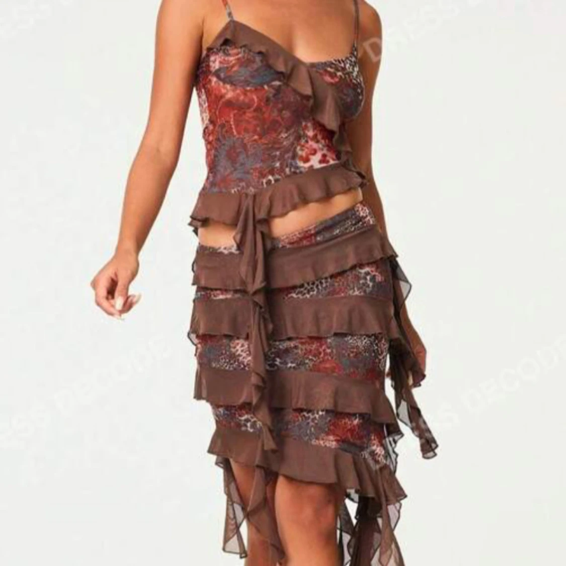 Brun och röd volang set (top och midi kjol) - 2