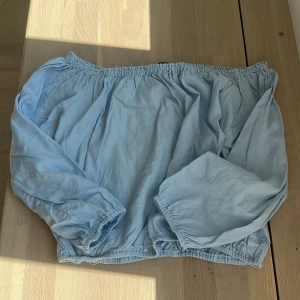 Ljusblå offshoulder topp Brandy Melville - Supersöt ljusblå offshoulder topp från Brandy Melville med långa ärmar och resår vid axlar, ärmslut och nederkant. Perfekt för dig som gillar en luftig och avslappnad stil. Tunn och skön bomullskänsla.