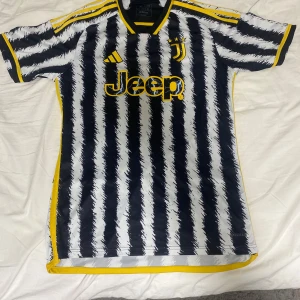 Juventus fotbollströja med randigt mönster - Säljer en Juventus fotbollströja från Adidas med ett unikt svartvitt randigt mönster och gula detaljer. Tröjan har korta ärmar och en gul Jeep-logga med blixt på framsidan. Perfekt för fans som vill sticka ut på läktaren eller planen.