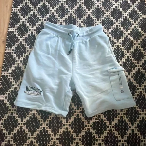 Ljusblå shorts från Hoodrich - Säljer ett par ljusblå shorts från Hoodrich med snörning i midjan och praktiska fickor. Perfekta för en avslappnad stil. Märkeslogga syns både fram och bak. Passar ungdomar som är 148-158