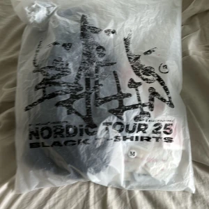 Ballin Nordic Tour 25 svart t-shirt M - Svart t-shirt från Ballin i storlek M med tryck fram och bak från Nordic Tour 25. Oversized passform, klassisk rund hals och coolt vitt tryck med turnédatum på ryggen. Perfekt för dig som gillar streetwear och vill sticka ut med en unik tour-tee. Fick den av krobbe på en ballinciaga konsert.