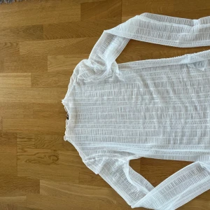 Vit transparent långärmad topp - Säljer en vit långärmad topp i transparent mesh med ribbade detaljer. Tunt och lätt material som ger en trendig look. Perfekt att styla lager på lager. Har tyvärr en smink rand (se bild 2) men skall nog gå bort i tvätt. 