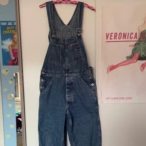 Blå denim hängselbyxor från Energie - Säljer ett par klassiska blå denim hängselbyxor från Energie. Byxorna har stora fickor fram, justerbara axelband och detaljer i röd söm. 