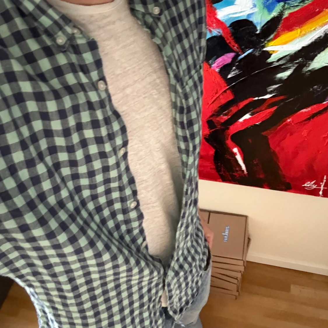 Grönblå rutig linneskjorta - 1