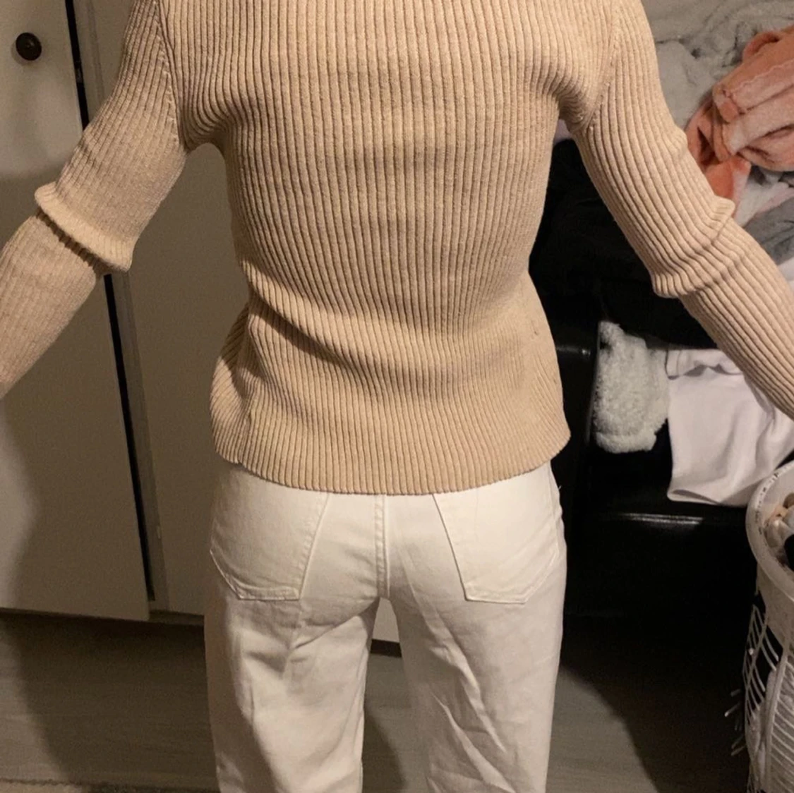 Beige ribbad croppad kofta - 1