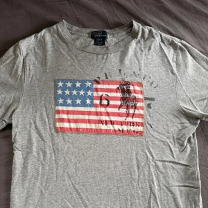 Grå t-shirt från Polo Ralph Lauren med amerikansk flagga - Säljer en grå t-shirt från Polo Ralph Lauren med tryck av amerikanska flaggan och en stor hästlogga på bröstet. Klassisk rund hals och korta ärmar