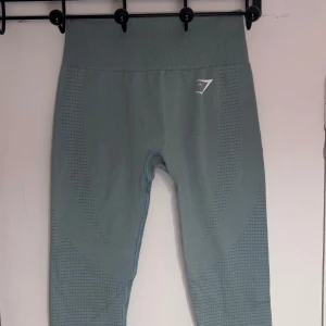 Turkosa seamless leggings från Gymshark - Säljer ett par ljusblå seamless leggings från Gymshark med hög midja och diskret mönster längs benen. Stretchigt material som sitter tight och bekvämt. Använd väldigt fåtal gånger.