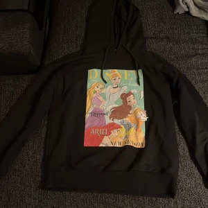 Disney hoodie med prinsessor - Svart hoodie med stor färgglad print på framsidan med Disney-prinsessor som Rapunzel, Ariel, Belle och Askungen. Tröjan har huva med snörning och långa ärmar. Perfekt för dig som älskar Disney och vill ha en chill och snygg look.