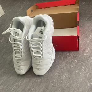 Nike Air Max Plus vita sneakers - Nike Air Max Plus sneakers i helvit färg med snygga vågiga detaljer på ovansidan. Skorna har Tn Air-logga på innersulan, platt sula och snörning. Materialet är en mix av syntet och mesh för grym komfort och stil. Perfekt för dig som vill ha en clean och modern look.