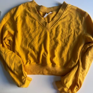 Gul croppad tröja med v-ringning - Säljer en snygg gul croppad tröja från NA-KD med v-ringad hals och långa ärmar. Tröjan har ribbade muddar vid ärmslut och nederkant, perfekt för dig som gillar färg och vill sticka ut lite extra.