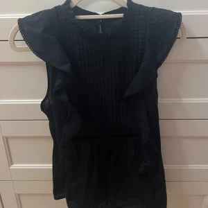 Svart blus med volangdetaljer - Snygg svart blus med volanger längs axlar och sidor, samt dekorativa veck framtill. Ärmlös modell med liten volangkrage och knapp i nacken. Perfekt för dig som gillar en stilren men ändå lekfull look.