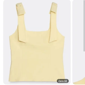 Gul linnetopp med knytband från Zara - Supersöt ljusgul linnetopp från Zara med breda axelband som knyts upptill. Toppen har en rak, croppad passform och är tillverkad i ett mjukt, slätt material. Perfekt för varma dagar när du vill ha en stilren och trendig look.
