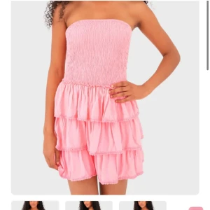 Rosa volangklänning från meet me there - Supersöt rosa kortklänning med smock upptill och flera lager volanger nedtill. Axelbandslös design som ger en fräsch och ungdomlig vibe. Perfekt för varma dagar och sommarhäng. Materialet känns lätt och luftigt mot huden.