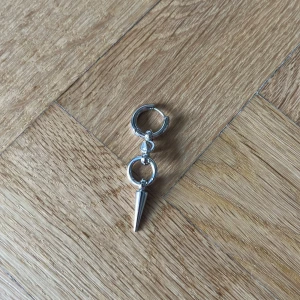 Silvrigt örhänge med spike-detalj - Coolt örhänge i silverfärg med en rund ring och en hängande konformad spike. Ger en edgy vibe och passar perfekt för dig som gillar statement-smycken. Tillverkat i metall med blank finish och modern design.
