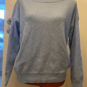 Ljusblå stickad tröja från ICHI - Mysig ljusblå stickad tröja från ICHI med rund halsringning och långa ärmar. Tröjan har en enkel och klassisk design med ribbade muddar vid ärmslut och nederkant. Perfekt för lager-på-lager under kyligare dagar.  ﻿Längd: 59 cm ﻿Bystmått: 56 cm ﻿Tvättråd bortklippta ﻿Material uppskattas till bomull/polyester blandning  