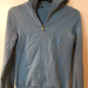 Blå hoodie med dragkedja - Säljer en ljusblå hoodie med dragkedja framtill och broderad detalj på bröstet. Tröjan har långa ärmar och är tillverkad i ett mjukt material som känns skönt mot huden. Perfekt för en avslappnad stil.