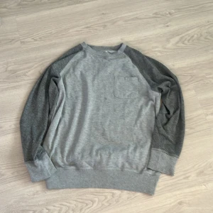 Grå hoodie - Säljer en grå sweatshirt med mörkare grå ärmar och en praktisk bröstficka. Tröjan har en avslappnad stil med ribbade muddar vid ärmslut och nederkant. Perfekt för en casual look!