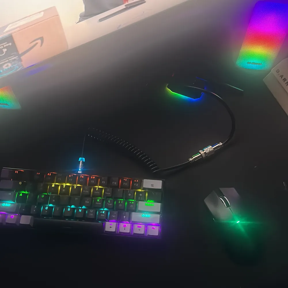 Säljer ett kompakt mekaniskt tangentbord med RGB-belysning. Tangentbordet har en avtagbar kabel och blå brytare för en taktil skrivupplevelse. Perfekt för gaming eller kontorsarbete. Tangentbordet har en stilren design med regnbågsfärger som lyser upp varje tangent.. Asusteet.