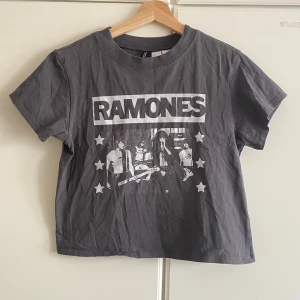 Ramones t-shirt i mörkgrå bomull - Cool mörkgrå t-shirt med Ramones-tryck framtill och vita stjärnor runt bandbilden. Croppad passform och klassisk rund hals. Gjord i mjuk bomull, perfekt för dig som gillar rock och vill ha en avslappnad stil.