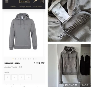 Grå hoodie från Helmut Lang - Säljer en stilren grå hoodie från Helmut Lang med broderad logga på bröstet. Tröjan har huva med snörning, magficka och ribbade muddar. Tillverkad i mjuk bomull och passar perfekt för en avslappnad look.
