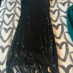 Svart paljettklänning med fransar - Säljer en svart kortklänning täckt av glittriga paljetter och med fransar längst ner. Klänningen har en rak passform och är perfekt för dig som vill sticka ut. Supersnygg till fest och dansgolv!