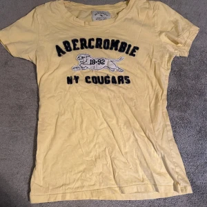 Gul t-shirt från Abercrombie - Säljer en gul t-shirt från Abercrombie med tryck av en puma och texten 'NY Cougars 18-92'. T-shirten har en klassisk rund hals och korta ärmar. 