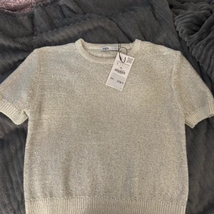 Glittrig beige tröja från Zara - Säljer en snygg glittrig beige tröja från Zara. Tröjan har korta ärmar och en rund halsringning. Helt oanvänd med prislapp kvar