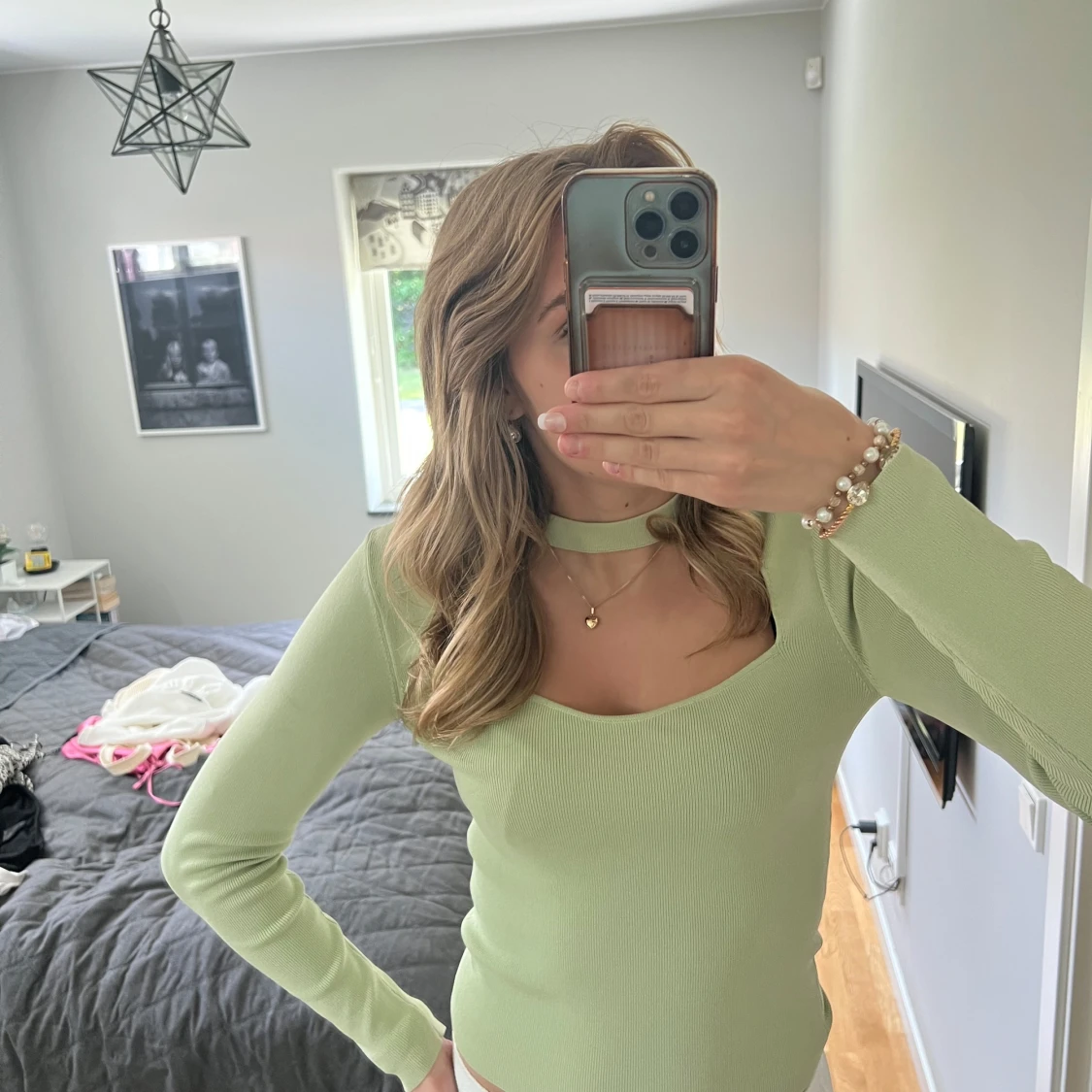 Ljusgrön ribbad långärmad topp💚