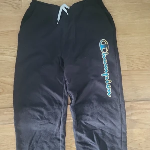Svarta mjukisbyxor från Champion  - Svarta mjukisbyxor från Champion med stort blått och gult logotryck längs ena benet. Byxorna har resår i midjan med vit snörning och muddar vid bensluten. Perfekta för chill eller träning.