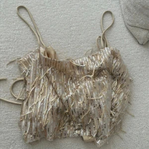 Glittrig guldig paljett-topp - Supersnygg glittrig topp i guld med tunna axelband och massor av paljetter. Toppen har fransiga detaljer och är croppad, perfekt för att sticka ut. Materialet känns lyxigt och skimrar i ljuset. Perfekt för dig som vill ha något extra till festen!