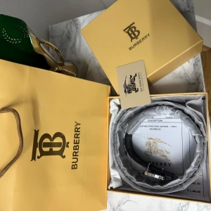 Burberry bälte med rutigt och svart mönster - Säljer ett snyggt Burberry bälte med klassiskt rutigt mönster i beige, brun och svart samt ett stilrent svart bälte med diskret rutig struktur. Båda har en stor metallspänne med Burberrys ikoniska TB-logga. Bältet är tillverkat i skinn och levereras med originalförpackning.