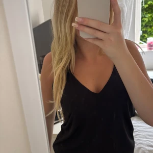 Svart linne  med v-ringning där fram och bak - Säljer ett svart linne med v-ringad hals och smala axelband. Klänningen har en omlottliknande passform och är ärmlös, vilket ger en stilren och enkel look. Perfekt för dig som gillar minimalistisk stil.
