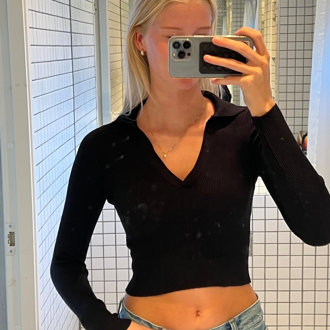 Svart ribbad croppad topp Bershka - 1