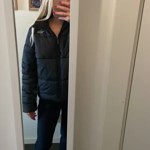 Svart jacka från The North Face - Säljer en svart jacka från The North Face med hög krage och dragkedja framtill. Jackan är vadderad för extra värme. Perfekt för kalla dagar och har logga både fram och bak. Klassisk och stilren design.
