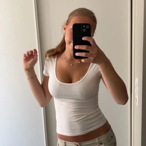 Vit tight t-shirt - Säljer en vit t-shirt från H&M med tight passform och korta ärmar. T-shirten är endast använd en gång och har inga defekter. Säljer pga den inte kommit till användning.💕🤗