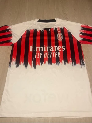 AC Milan matchtröja röd/svart/vit - Snygg AC Milan matchtröja från Puma med röd-svarta vertikala ränder och vit bas. Tröjan har klubbmärke på bröstet och Emirates Fly Better-tryck på framsidan. Modern design med svart krage och korta ärmar. Perfekt för fotbollsträning eller support.