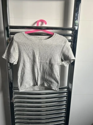 Grå ribbad croppad topp - Snygg grå croppad topp med korta ärmar och rund hals. Ribbad struktur ger en trendig look och passar perfekt till både jeans och kjol. Enkel och stilren design som är lätt att matcha med olika outfits.
