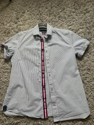 Randig kortärmad skjorta från Riley - Snygg kortärmad skjorta från Riley med smala marinblåa och vita ränder. Skjortan har klassisk krage, knappar framtill och detaljer i rött och marinblått vid knappslån. Perfekt för en stilren och avslappnad look.