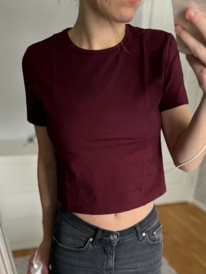 Vinröd croppad topp från H&M - Snygg vinröd croppad topp från H&M i mjuk bomull. Modellen har korta ärmar och rund halsringning, perfekt till jeans eller kjol. Enkel och stilren design som är lätt att matcha.