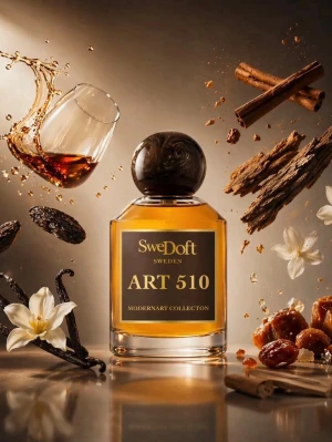 SweDoft ART 510 Eau de Parfum - SweDoft ART 510 är en exklusiv Eau de Parfum från ModernArt Collection. Flaskan är genomskinlig med guldbrun etikett och har en rund, mörkbrun kork. Doften har inslag av vanilj, kanel, trä och torkad frukt, vilket ger en varm och kryddig karaktär. Volymen är 100 ml.