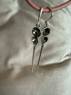 Silverfärgade örhängen med kedjor - Snygga örhängen i silverfärg med två runda, mörkgrå stenar på varje örhänge och tunna kedjor som hänger ner. De har en modern och stilren design som passar perfekt till dig som gillar unika accessoarer.