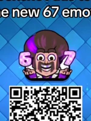 Clash Royale 67 Emote - Unik Clash Royale-emote med en tecknad karaktär som håller siffrorna 6 och 7. Bakgrunden är blå och emojin har lila och bruna färgtoner. Perfekt för att uttrycka dig i spelet och visa din stil i chatten.