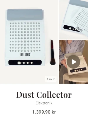 Nailster dammsugare för nageldamm - Snygg vit dammsugare från Nailster för att samla upp nageldamm vid manikyr. Utrustad med perforerad yta, svarta och vita knappar samt en borste. Perfekt för nagelvård hemma eller i salong. Använd max 3-4 gånger så iprincip nyskick. Kvar i originalförpackningen dessutom och jag skickar även med ett helt nytt filter till den då jag har ett nytt oanvänt extra liggandes. Egna bilder kan tas vid intresse! tänker mig 800kr då den är i såpass bra skick! 