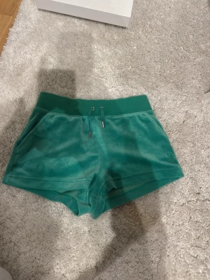 Gröna shorts med snörning - Säljer ett par gröna velourshorts med bred resår i midjan och snörning framtill. Shortsen har fickor på sidorna och en broderad detalj på ena benet. Perfekta för chill dagar eller när du vill vara extra comfy.