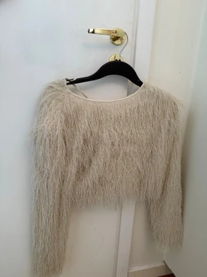 Topp med fransar från Bik Bok - Supersnygg beige topp med fransar. Glitter i den. Tröjan har öppen rygg med två knytband som ger en unik och trendig look. Perfekt för dig som vill sticka ut lite extra. Materialet inuti är siden. Aldrig använd 