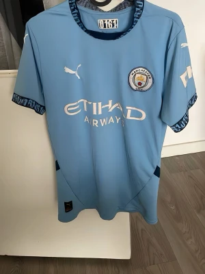 Manchester City ljusblå matchtröja Puma - Ljusblå Manchester City matchtröja från Puma med klubbmärke på bröstet och Etihad Airways-logga. Rund hals med blå detaljer och tryck längs krage och ärmslut. Materialet är lätt och andas, perfekt för fotboll eller träning.