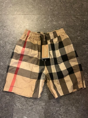 Rutig shorts från Burberry - Säljer ett par helt oanvända klassiska rutiga shorts från Burberry med elastisk midja och snörning. Shortsen har beige, svarta och röda rutor i typisk Burberry-stil och är tillverkade i bomull. Perfekta för sommaren och riktigt snygga till en enkel t-shirt. Storlek L men passar M