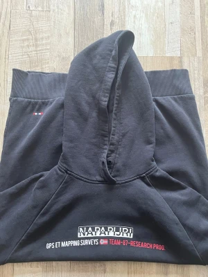 Svart hoodie från Napapijri - Svart hoodie från Napapijri med tryck på bröstet där det står 'GPS ET MAPPING SURVEYS TEAM-87 RESEARCH PROG.' och en liten norsk flagga. Klassisk känguruficka framtill och ribbade muddar. Perfekt för en avslappnad streetwear-look.
