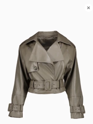 (SÖKER)Kort grå skinnjacka med bälte - Snygg kort skinnjacka i grått med breda slag, markerad midja och bälte både i midjan och vid ärmsluten. Jackan har en knapp framtill och coola detaljer som ger en trendig look. Perfekt för dig som vill sticka ut med en edgy stil.