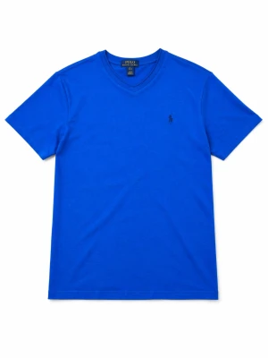 Blå t-shirt från Polo Ralph Lauren - Snygg blå t-shirt från Polo Ralph Lauren med v-ringning och diskret broderad logga på bröstet. Tillverkad i mjuk bomull och har en klassisk passform med korta ärmar. Perfekt för en clean och stilren look.